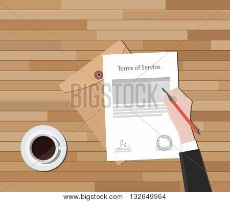 tos terms of service hand sign a paper document and glass of coffee vector graphic illustration