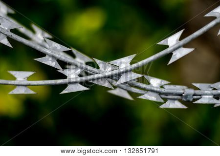 Barbed wire fence two lines cross each other with a background of green trees.