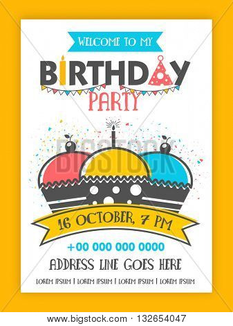Birthday Party Invitation Card design, Happy Birthday Background with colorful cupcakes on confetti background, Can be used as template, banner or flyer design also.