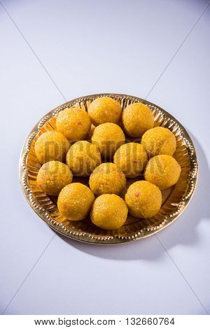indian sweets bundi laddu or motichur laddu or motichoor laddu, selective focus