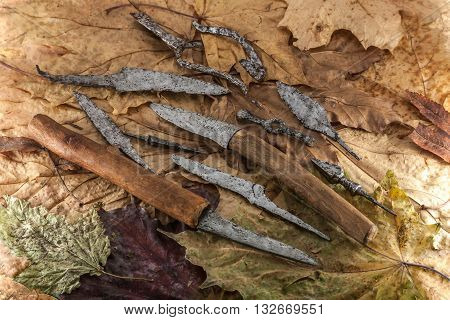 Iron household items of people of the fourteenth century: five knives, four tips of arrows, scissors, decorative overlay for a bag and big fishing hook.
