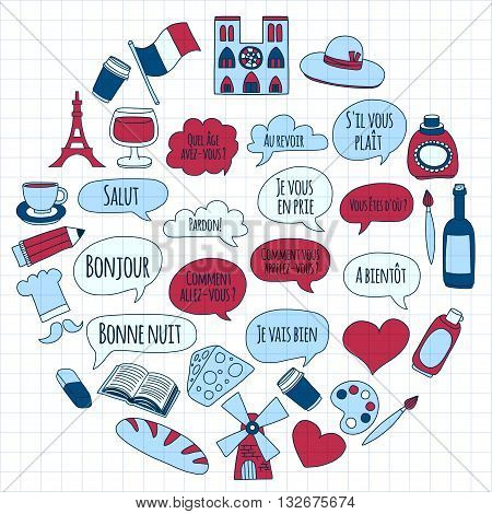 Learn french Online courses Language school Vector set of doodle icons Hand drawn images