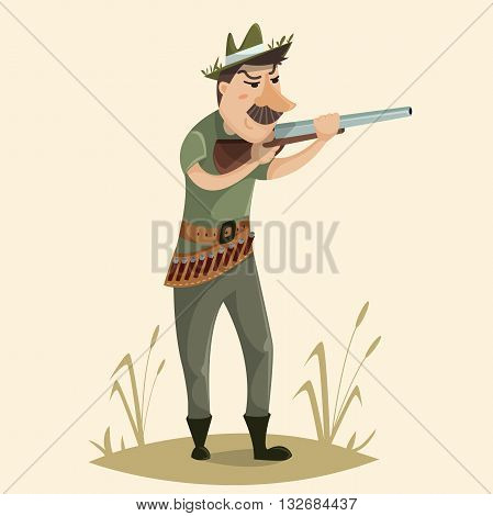 Hunter with gun. Funny cartoon character. Vector illustration in retro style