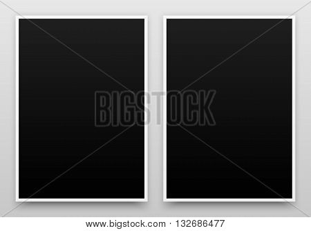 A2 black posters realistic template, mock-up with margins, realistic shadow and light background for design concepts, presentations, web, identity, prints. Vector illustration.