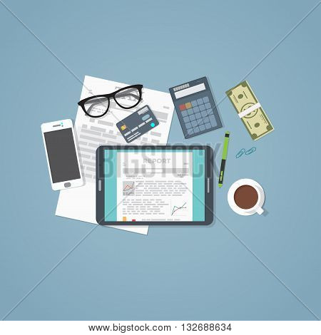 Business concept flat illustration. Tablet and business staff phone papers and report documets with chart and financial graph information