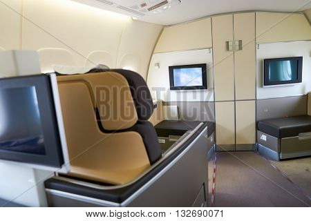 NEW YORK - MARCH 13, 2016: interior of Boeing 747-8I. The Boeing 747 is an American wide-body commercial jet airliner and cargo aircraft.