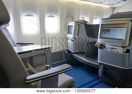 NEW YORK - MARCH 13, 2016: interior of Boeing 747-8I. The Boeing 747 is an American wide-body commercial jet airliner and cargo aircraft.
