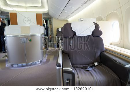NEW YORK - MARCH 13, 2016: interior of Boeing 747-8I. The Boeing 747 is an American wide-body commercial jet airliner and cargo aircraft.