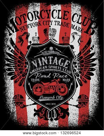 Motorcycle label t-shirt design with illustration of custom chopper