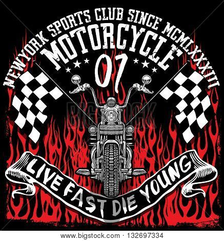 Motorcycle label t-shirt design with illustration of custom chopper