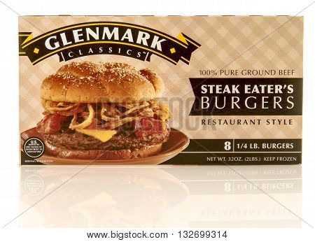 Winneconne WI - 31 May 2016: Box of Glenmark classics steak eater's burgers on an isolated background