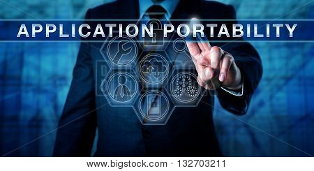 Managed service user pushing APPLICATION PORTABILITY on a virtual touch screen interface. Business and portable software metaphor. IT concept for program applications synchronized across devices.