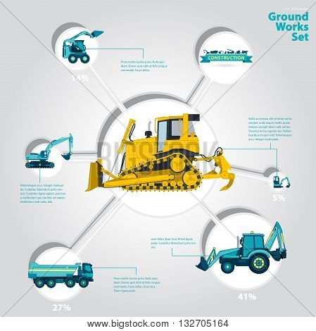 Construction machinery infographic big set of ground works machines vehicles on white background. Catalog page. Heavy equipment for building truck digger bagger excavator transportation master vector.