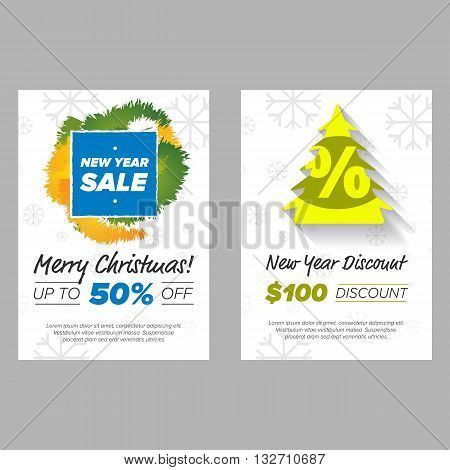 New Year Banner with sale tag and green tree wth percent sign
