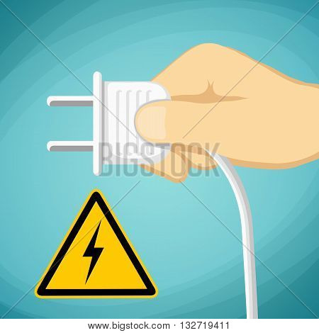 Human hand with an electric plug. Warning sign voltage. Stock Vector cartoon illustration.