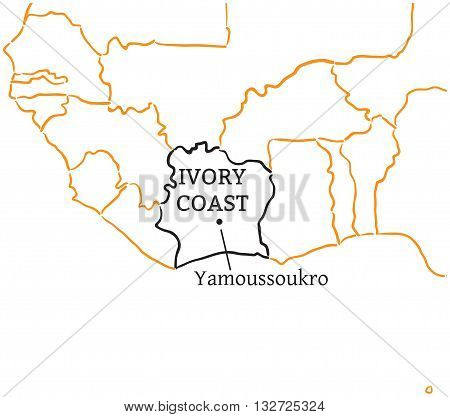 Ivory Coast country with its capital Yamoussoukro in Africa hand-drawn sketch map isolated on white