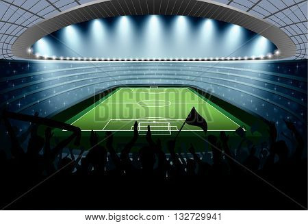 Excited crowd of people at a soccer stadium. Football stadium. Soccer arena.