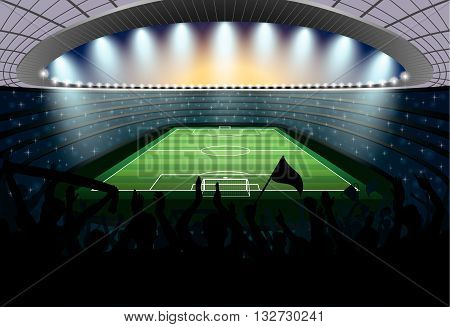 Excited crowd of people at a soccer stadium. Football stadium. Soccer arena.