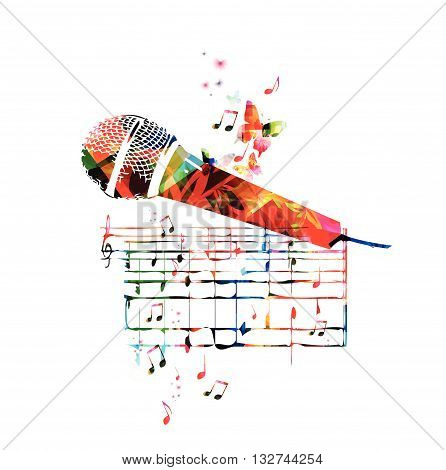 Vector illustration of colorful microphone with music notes