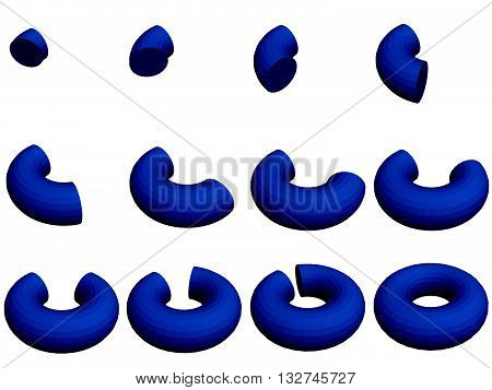 Vector illustration set of a blue torus. Stepwise formation. Animation. 3D. Polygon. Isolated.