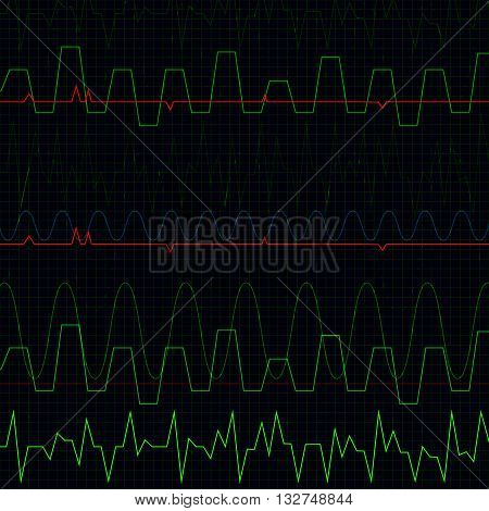 Background with lots of green fodder cardiograms on the grid.