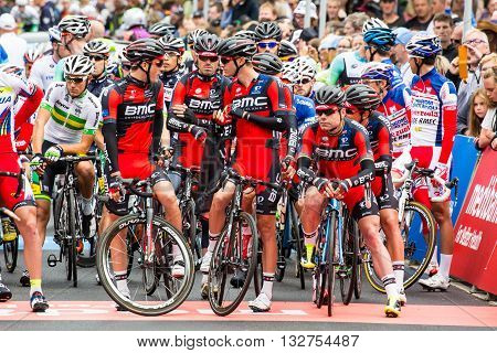 MELBOURNE, AUSTRALIA - FEBRUARY 1: Team BMC before the start of the inaugral Cadel Evans Great Ocean Road Race