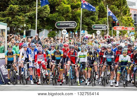 MELBOURNE, AUSTRALIA - FEBRUARY 1: Riders line up for the start of the inaugral Cadel Evans Great Ocean Road Race