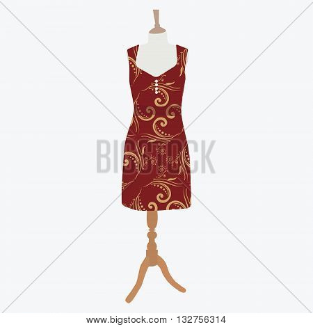 Vector illustration elegant cocktail evening woman dresses on mannequin for boutique. Red bordo dress with pattern