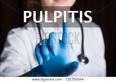 technology, internet and networking in medicine concept - medical doctor presses pulpitis button on virtual screens. Internet technologies in medicine.