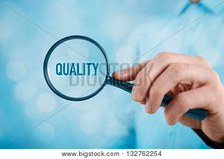 Focused on quality concept. Manager (businessman coach leadership) is focused on quality in business.