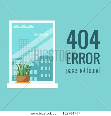 Vector concept 404 error. Illustration for 404 page not found. Flat design 404 page. Template for 404 error page not found. Illustration of window with houseplant for page with 404 error
