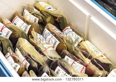 SELANGOR MALAYSIA - MAY 07 2016 :Human blood in storage during blood donation event from SETIA developer together with Pusat Darah Negara (Country Blood Centre) at Trefoil Setia Alam Selangor.