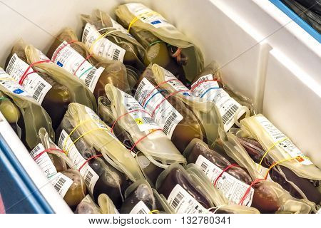 SELANGOR MALAYSIA - MAY 07 2016 :Human blood in storage during blood donation event from SETIA developer together with Pusat Darah Negara (Country Blood Centre) at Trefoil Setia Alam Selangor.