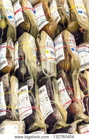 SELANGOR MALAYSIA - MAY 07 2016 :Human blood in storage during blood donation event from SETIA developer together with Pusat Darah Negara (Country Blood Centre) at Trefoil Setia Alam Selangor.
