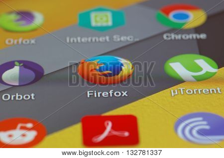 SARANSK, RUSSIA - JUNE 04, 2016: A smartphone screen shows Firefox icon on the screen. Selective focus.