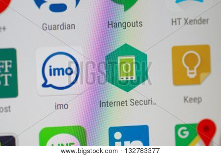 SARANSK, RUSSIA - JUNE 04, 2016: A smartphone screen shows Kaspersky Internet Security icon on the screen. Selective focus.
