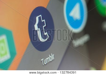 SARANSK, RUSSIA - JUNE 04, 2016: A smartphone screen shows Tumblr icon on the screen. Selective focus.
