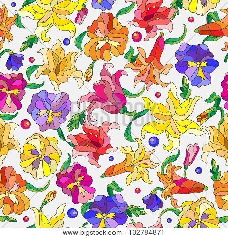 Seamless background with spring flowers in stained glass style flowers buds and leaves of pansies and lilies on a light background