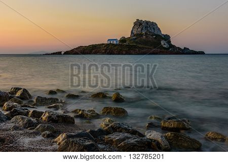 A little island Kastri near Kos island in the time of sunrise Dodecanese Greece.