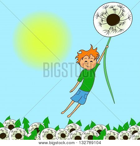 a boy who is flying on a dandelion in the sky
