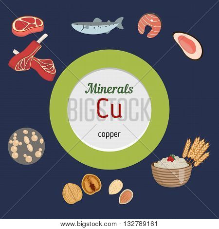 Minerals Cu and vector set of minerals Cu rich foods. Healthy lifestyle and diet concept.