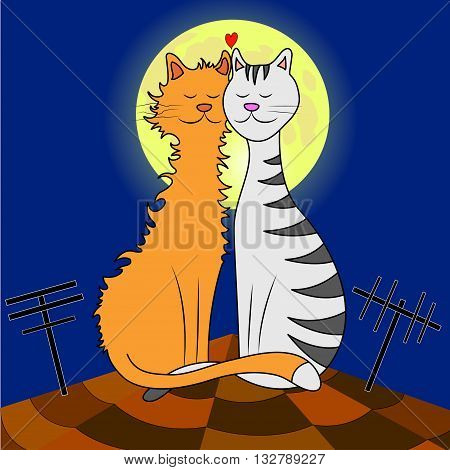 lovers cats on the roof against the backdrop of the moon