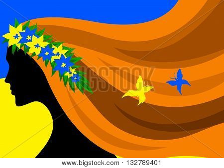 silhouette of a girl with a wreath on a yellow-blue background