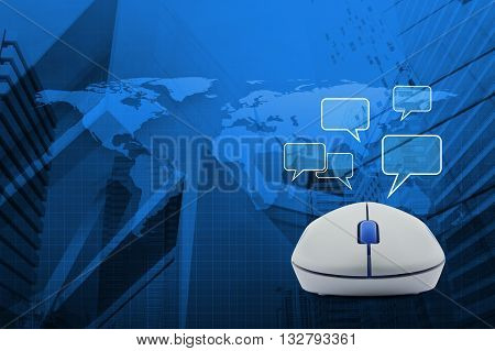 Wireless computer mouse with social chat sign and speech bubbles over map and city tower Social network concept Elements of this image furnished by NASA