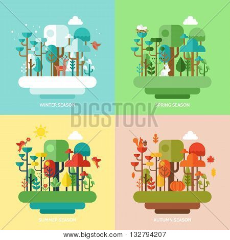 Four seasons concept with nature forest trees and animals. Vector illustration