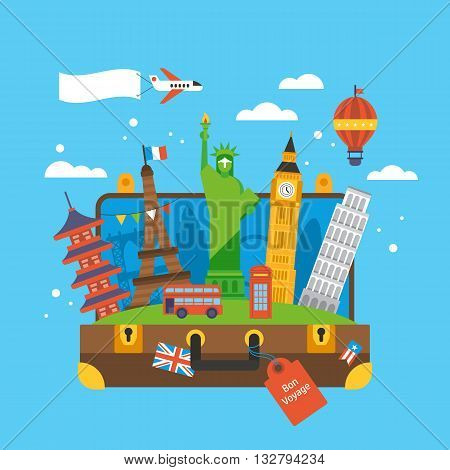 Travel around the world concept with landmark icons inside suitcase. Flat elements for web graphics and design. Isolated vector illustration
