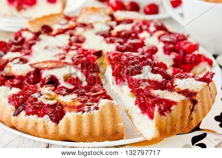 Sweet cherry pie close up selective focus