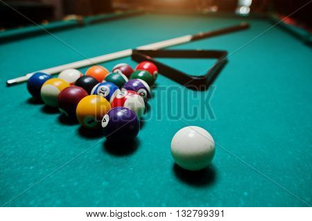 Billiard Balls In A Pool Table At Triangle With Billiard Cue