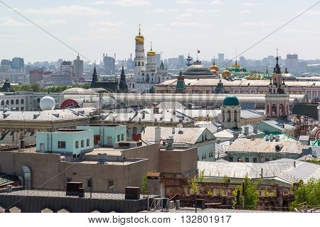 View to Downtown, Spassky tower, the bell tower of Ivan the Great in Moscow. Russia