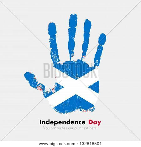 Hand print, which bears the Flag of Scotland. Independence Day. Grunge style. Grungy hand print with the flag. Hand print and five fingers. Used as an icon, card, greeting, printed materials.